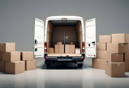 Two people moving boxes