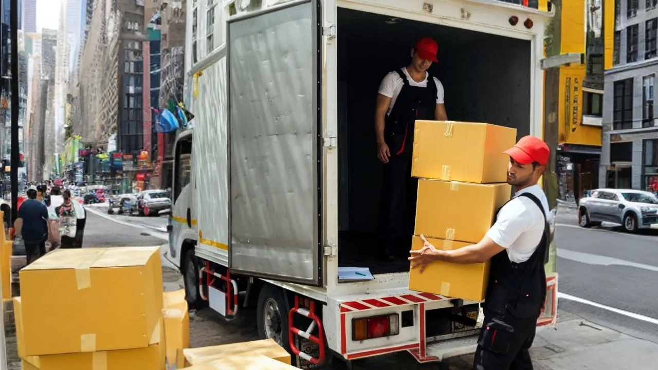 Two people moving boxes