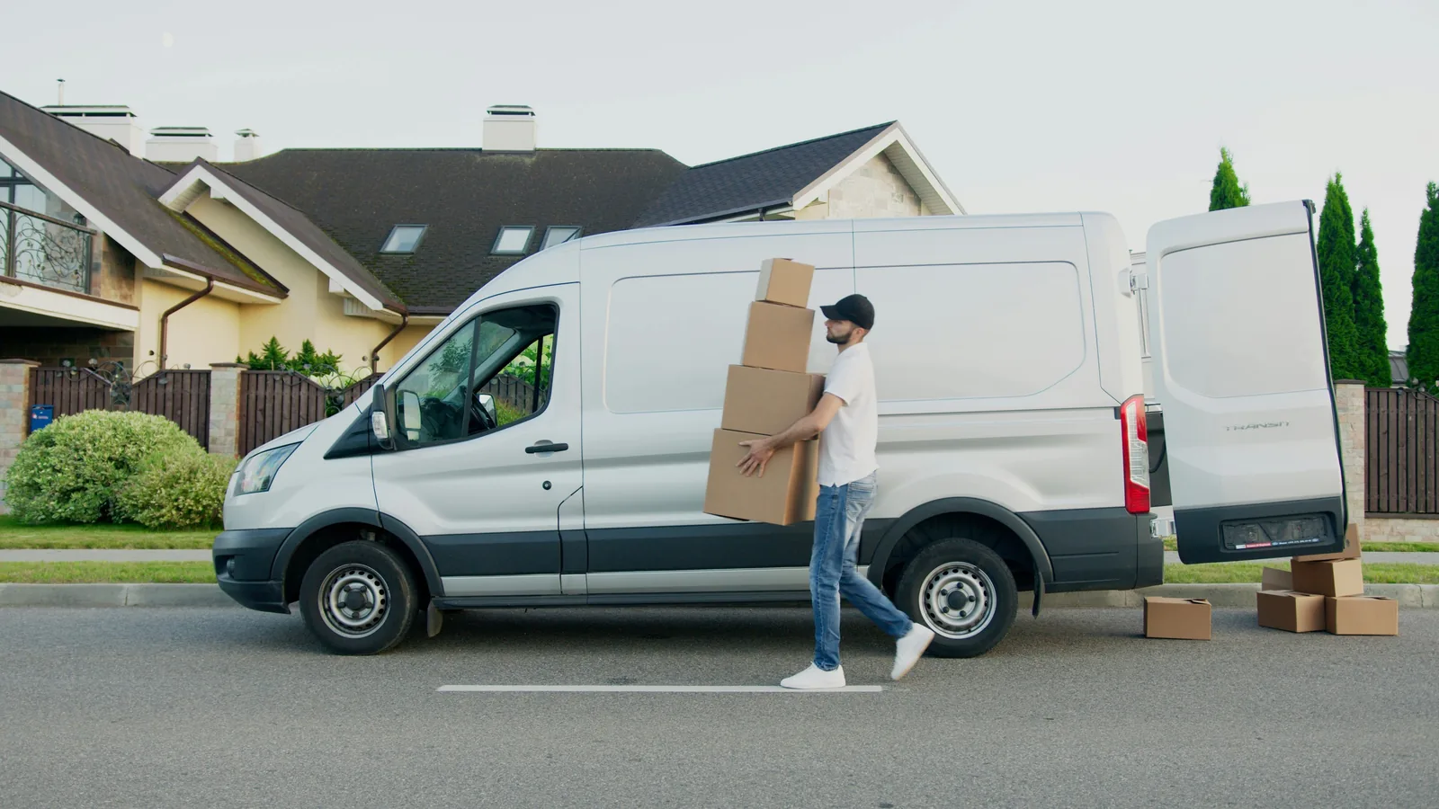 A delivery van on a residential street